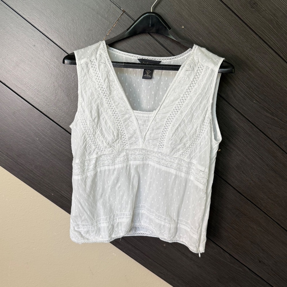 Van Heusen Women's 100% Cotton Swiss Dot Lace Sleeveless Blouse White Size M